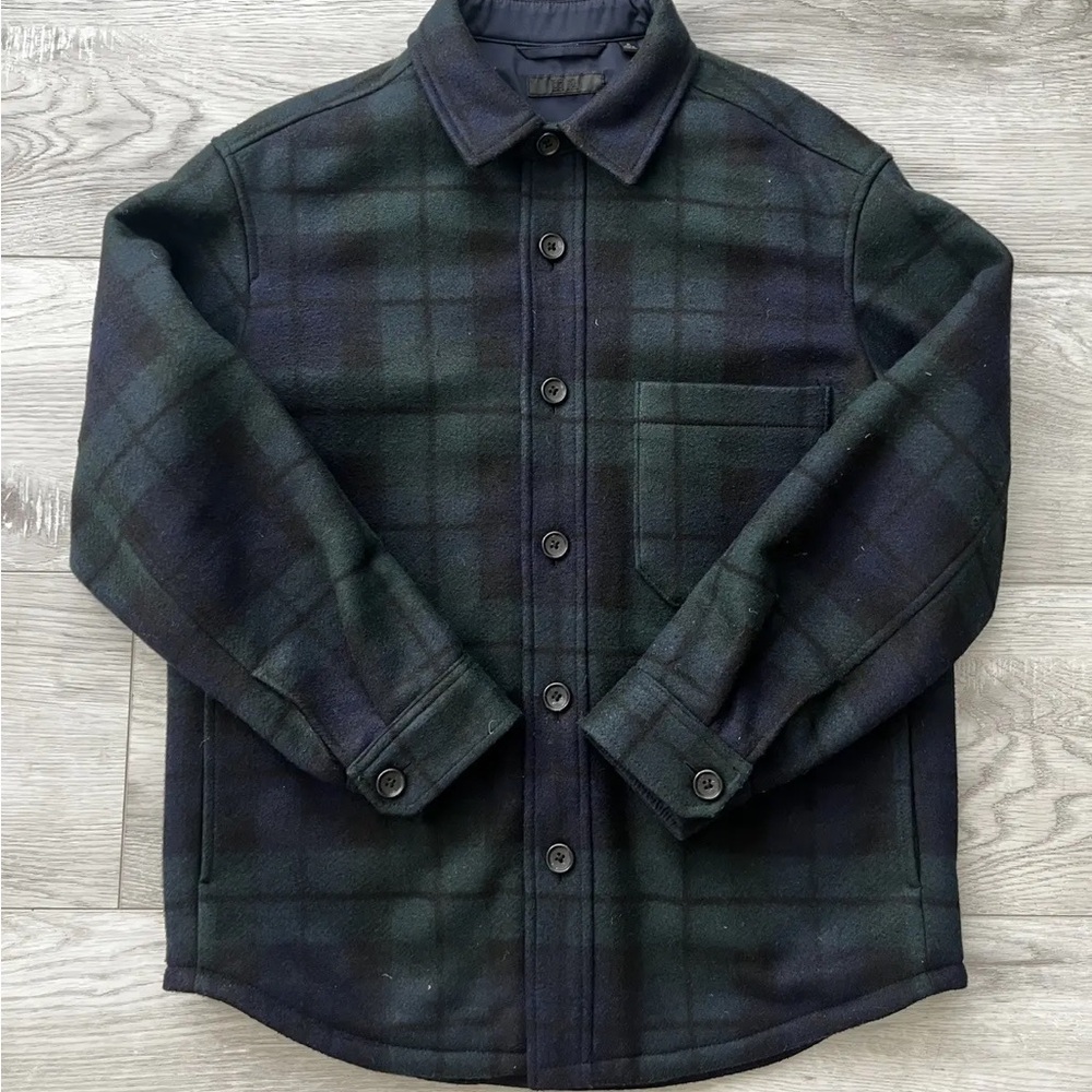 Uniqlo Dark Blue and Green Plaid Button-Front Shirt Jacket